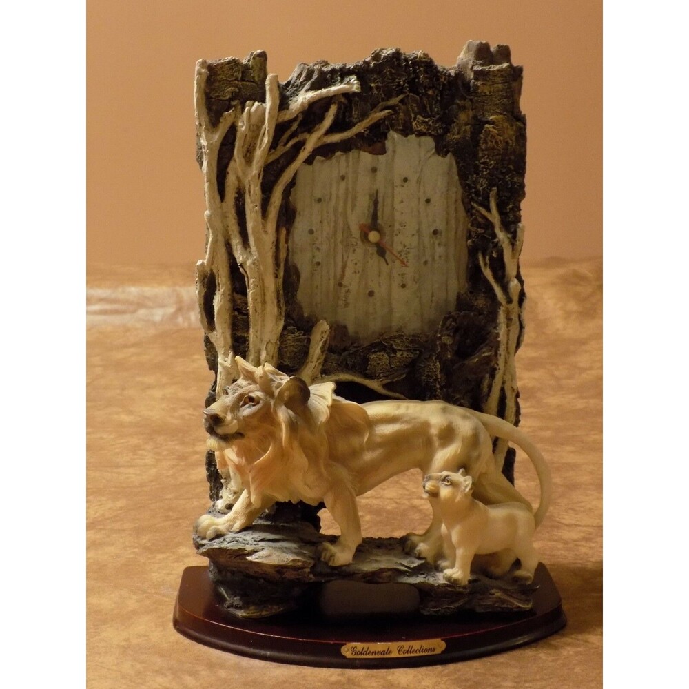 Ceramic Hand-Painted Lion & Cub Wilderness Desk Clock (Goldenvale Collection)